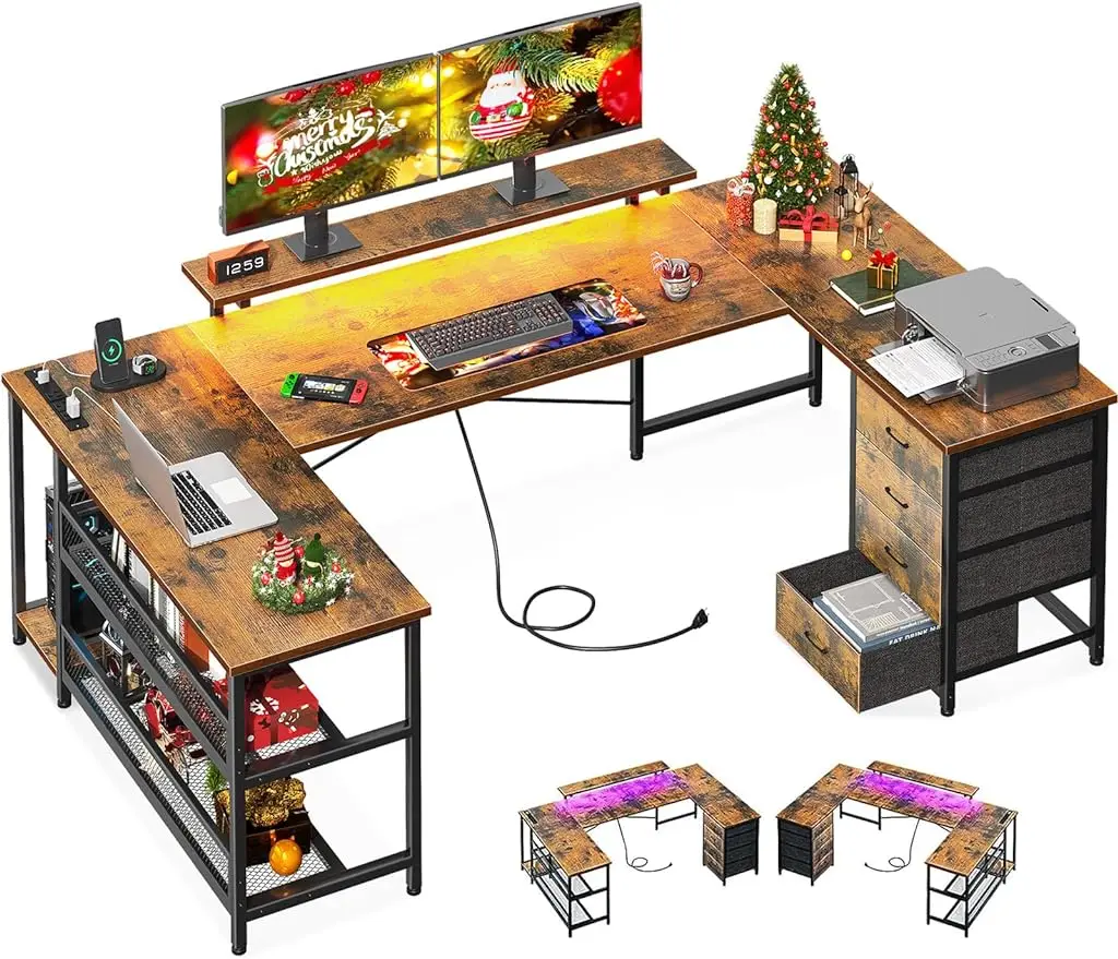 U Shaped Desk With Power Outlets & LED Strip & Monitor Stand, 66" Reversible L Shaped Desk With Drawers And Storage Shelf
U Shaped Desk With Power Outlets & LED Strip & Monitor Stand, 66" Reversible L Shaped Desk With Drawers And Storage Shelf