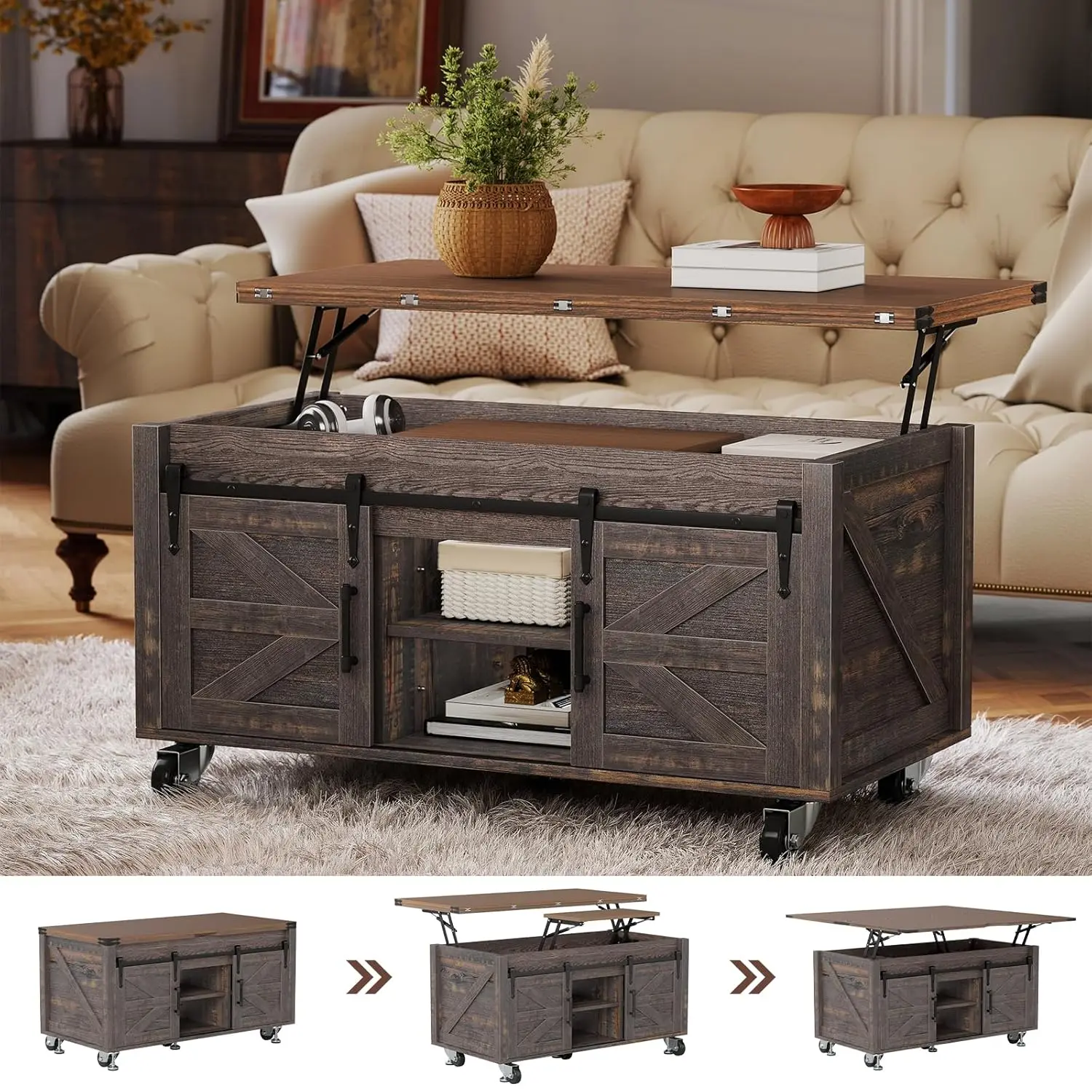 Lift Top Coffee Table with Storage, 4 in 1 Farmhouse Coffee Table with Lockable Rolling Wheels, Lifting Coffee, Customized
Lift Top Coffee Table with Storage, 4 in 1 Farmhouse Coffee Table with Lockable Rolling Wheels, Lifting Coffee, Customized