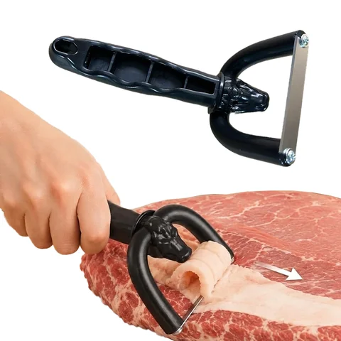Cortador de Carne para Bovino e Porco, Fatiador de Gordura Manual com Lâmina de Aço Inoxidável, Cortador de Carne Ergonômico para Cozinha e Churrasco
