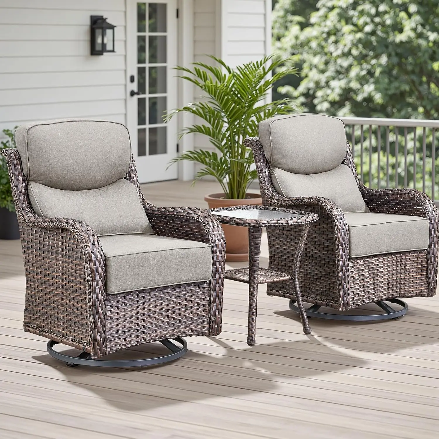 Outdoor Patio Furniture Set - Weather Resistant Wicker,High Back,6 inch Cushions,3 Piece Patio Bistro Set with Swivel, Custom
Outdoor Patio Furniture Set - Weather Resistant Wicker,High Back,6 inch Cushions,3 Piece Patio Bistro Set with Swivel, Custom