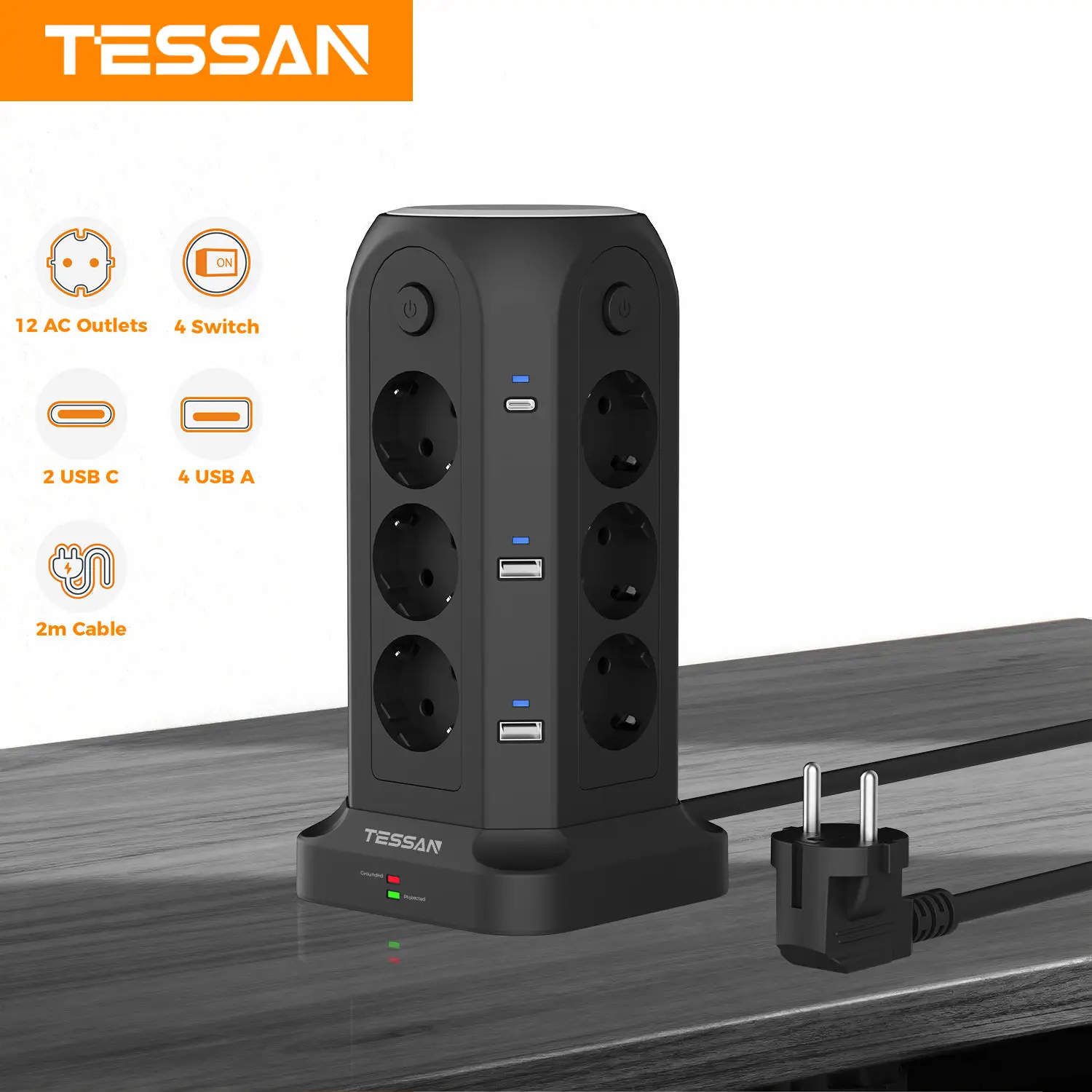 TESSAN Multi Socket Power Strip with 12 Outlet 4 USB 2 Type C 4 Switches EU Plug Tower Socket 2M Extension Cord Surge Protection
TESSAN Multi Socket Power Strip with 12 Outlet 4 USB 2 Type C 4 Switches EU Plug Tower Socket 2M Extension Cord Surge Protection