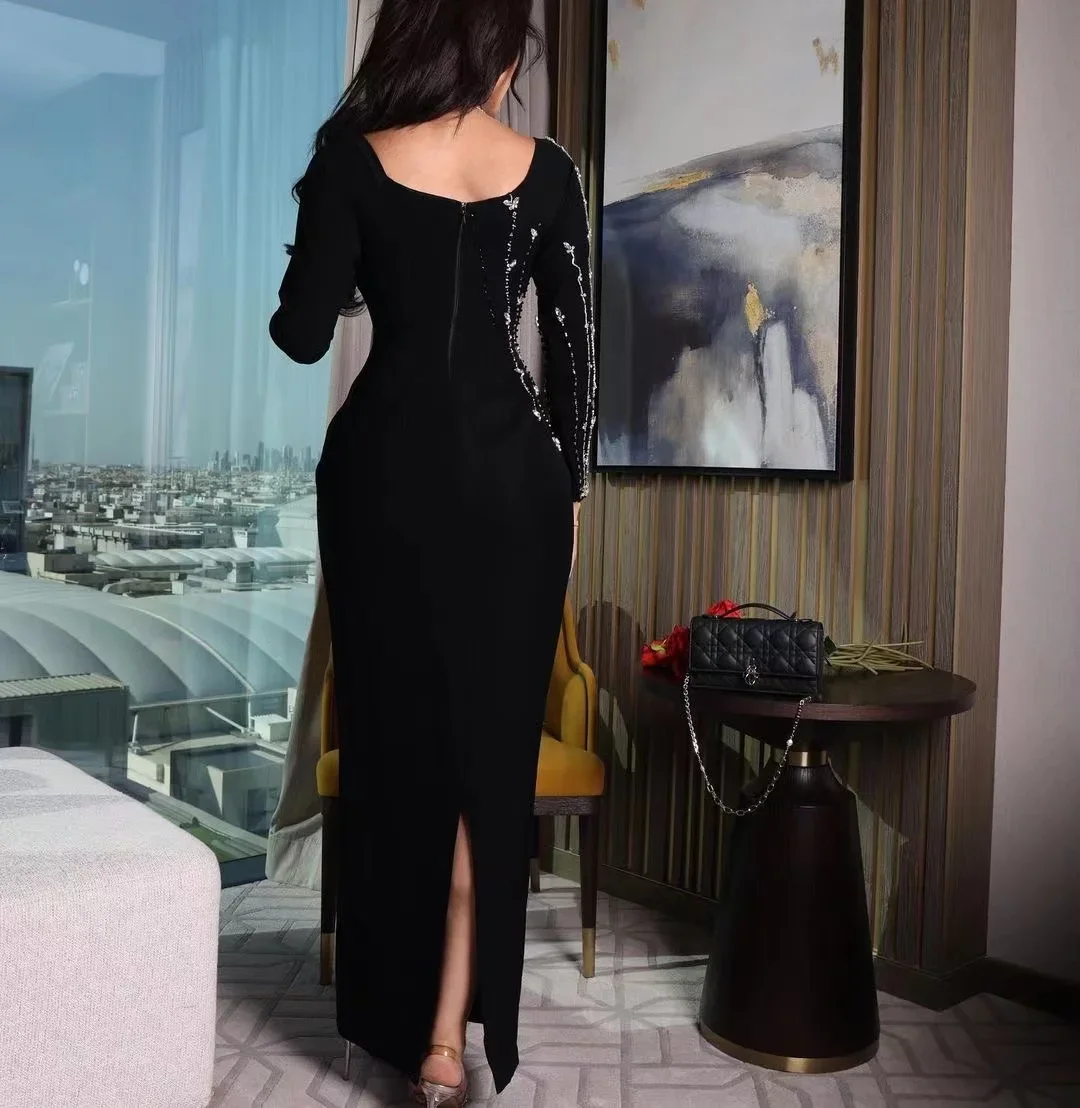 Saudi Arabia Prom Dresses Black Crystal Sequins Beaded Side Split Evening Gown Mecustomized Long Sleeves Dubai Arab Party Dress
Saudi Arabia Prom Dresses Black Crystal Sequins Beaded Side Split Evening Gown Mecustomized Long Sleeves Dubai Arab Party Dress