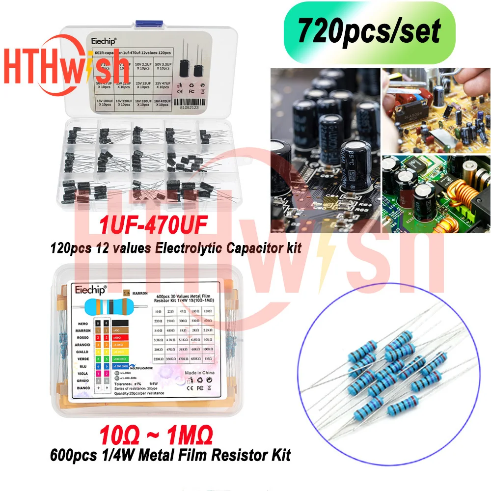 720pcs/set 1UF-470UF Electrolytic Capacitor Kit + 10Ω~1MΩ 1/4W Metal Film Resistor Assortment Set for DIY Electronic Repair
720pcs/set 1UF-470UF Electrolytic Capacitor Kit + 10Ω~1MΩ 1/4W Metal Film Resistor Assortment Set for DIY Electronic Repair