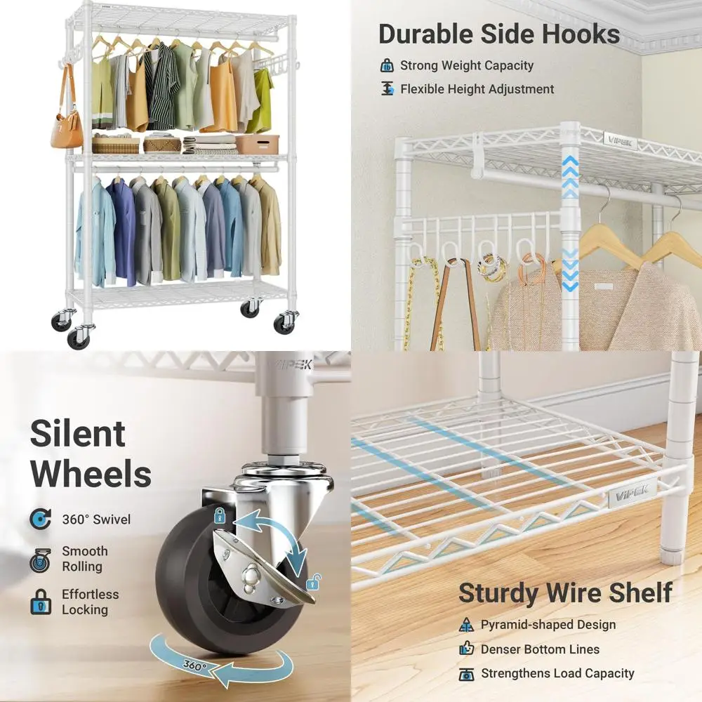 Трехуровневая регулируемая передвижная вешалка для одежды на колесиках, прочная металлическая стойка для хранения и подвешивания одежды, белая
Трехуровневая регулируемая передвижная вешалка для одежды на колесиках, прочная металлическая стойка для хранения и подвешивания одежды, белая