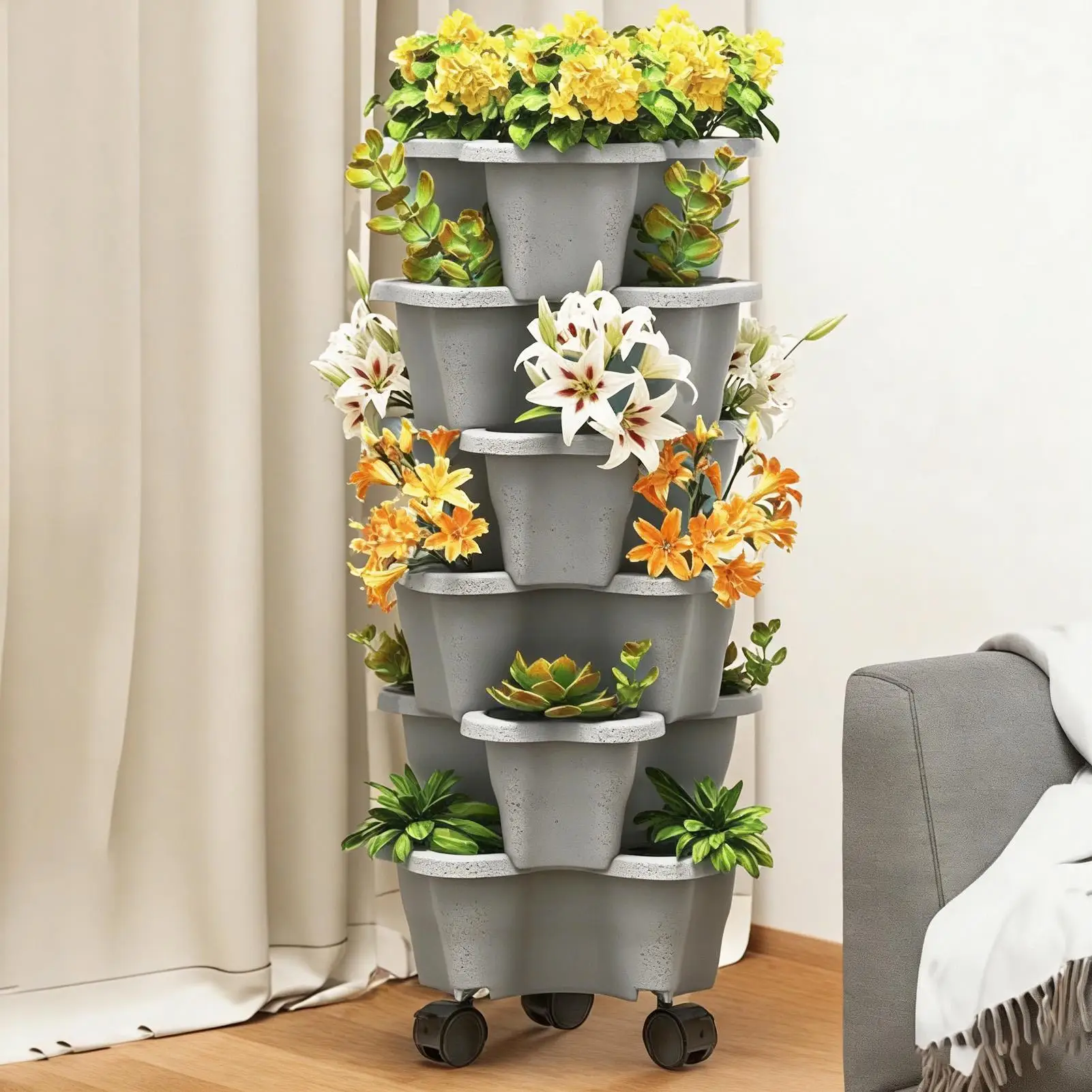 6 Layers Stackable Vertical Flower Pot Garden Planter Tower with Movable Casters for Strawberry Vegetable Frame Grow Planter
6 Layers Stackable Vertical Flower Pot Garden Planter Tower with Movable Casters for Strawberry Vegetable Frame Grow Planter