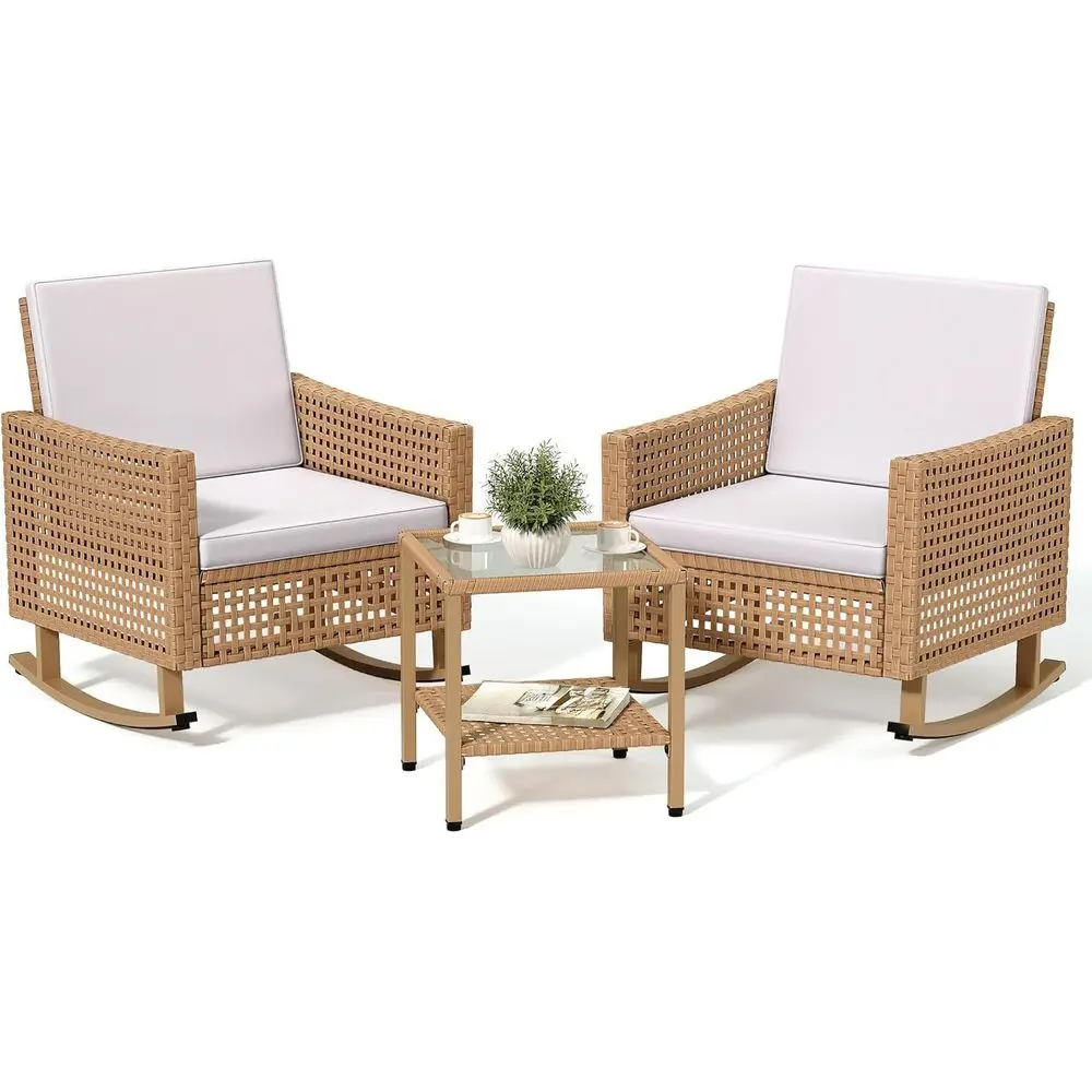 3-Piece Outdoor Wicker Rocking Chair Set with Side Table and Cushions, Beige
3-Piece Outdoor Wicker Rocking Chair Set with Side Table and Cushions, Beige