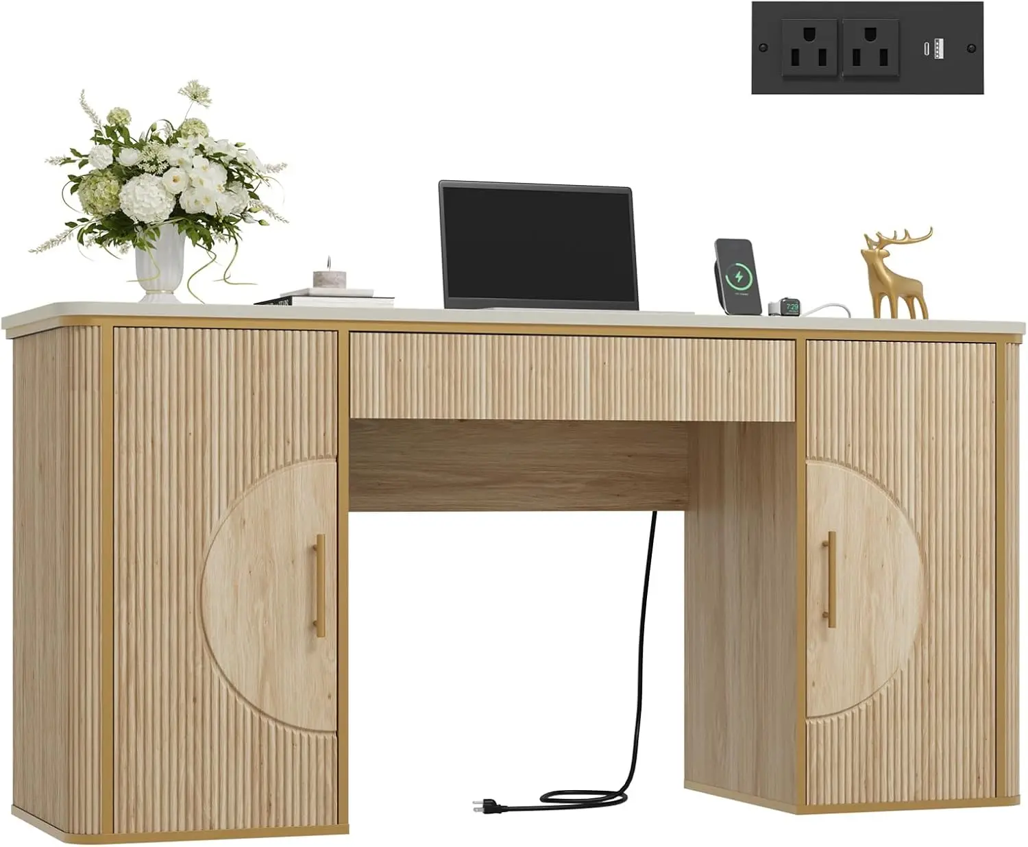 60" Fluted Computer Desk, Wooden Long Home Office Writing Desk with Drawer & Storage Cabinet, Modern Writing Table with Charging
60" Fluted Computer Desk, Wooden Long Home Office Writing Desk with Drawer & Storage Cabinet, Modern Writing Table with Charging