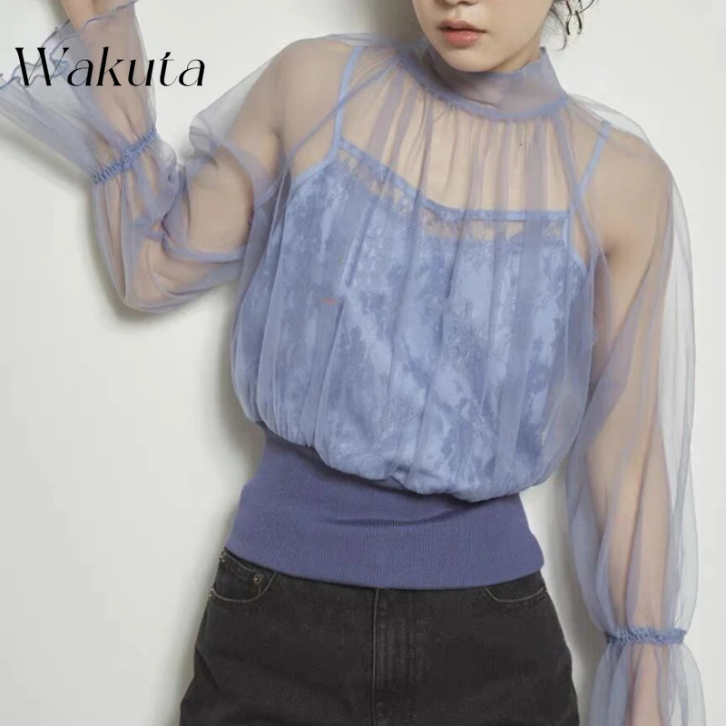 WAKUTA Spring/summer Style Harajuku Scarf Collar Sheer Sleeve Shirts Retro Perspective Lace Flower Fake Two-piece Mesh Blouses
WAKUTA Spring/summer Style Harajuku Scarf Collar Sheer Sleeve Shirts Retro Perspective Lace Flower Fake Two-piece Mesh Blouses
