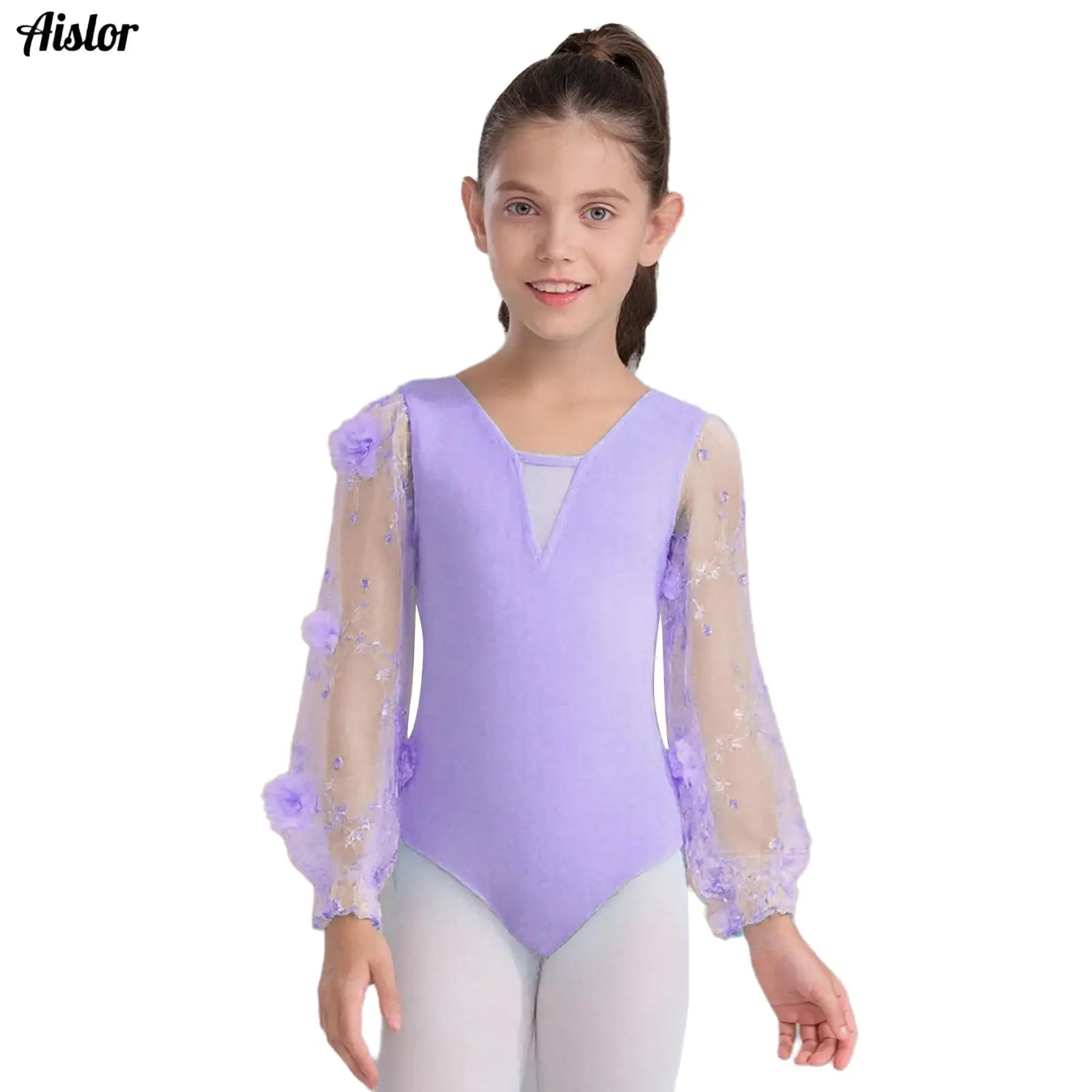 Kids Girls Ballet Leotard V-Neck Flowers Embroidery Sheer Mesh Long Puff Sleeves Dance Leotard Professional Ballet Costume 
Kids Girls Ballet Leotard V-Neck Flowers Embroidery Sheer Mesh Long Puff Sleeves Dance Leotard Professional Ballet Costume