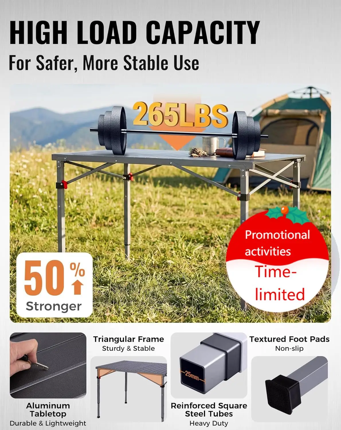 Folding Camping Table Foldable Loads 265 Lbs, 42.1"× 27.6" Portable Table 3 Adjustable Height Aluminum Roll Up Camp Table with C
Folding Camping Table Foldable Loads 265 Lbs, 42.1"× 27.6" Portable Table 3 Adjustable Height Aluminum Roll Up Camp Table with C