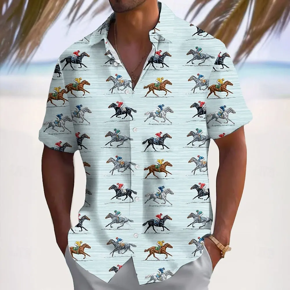 Men's Vintage Horse Racing Striped 3D Print Shirt, Short Sleeve Button Up Turndown Collar Casual Tops for Spring & Summer
Men's Vintage Horse Racing Striped 3D Print Shirt, Short Sleeve Button Up Turndown Collar Casual Tops for Spring & Summer