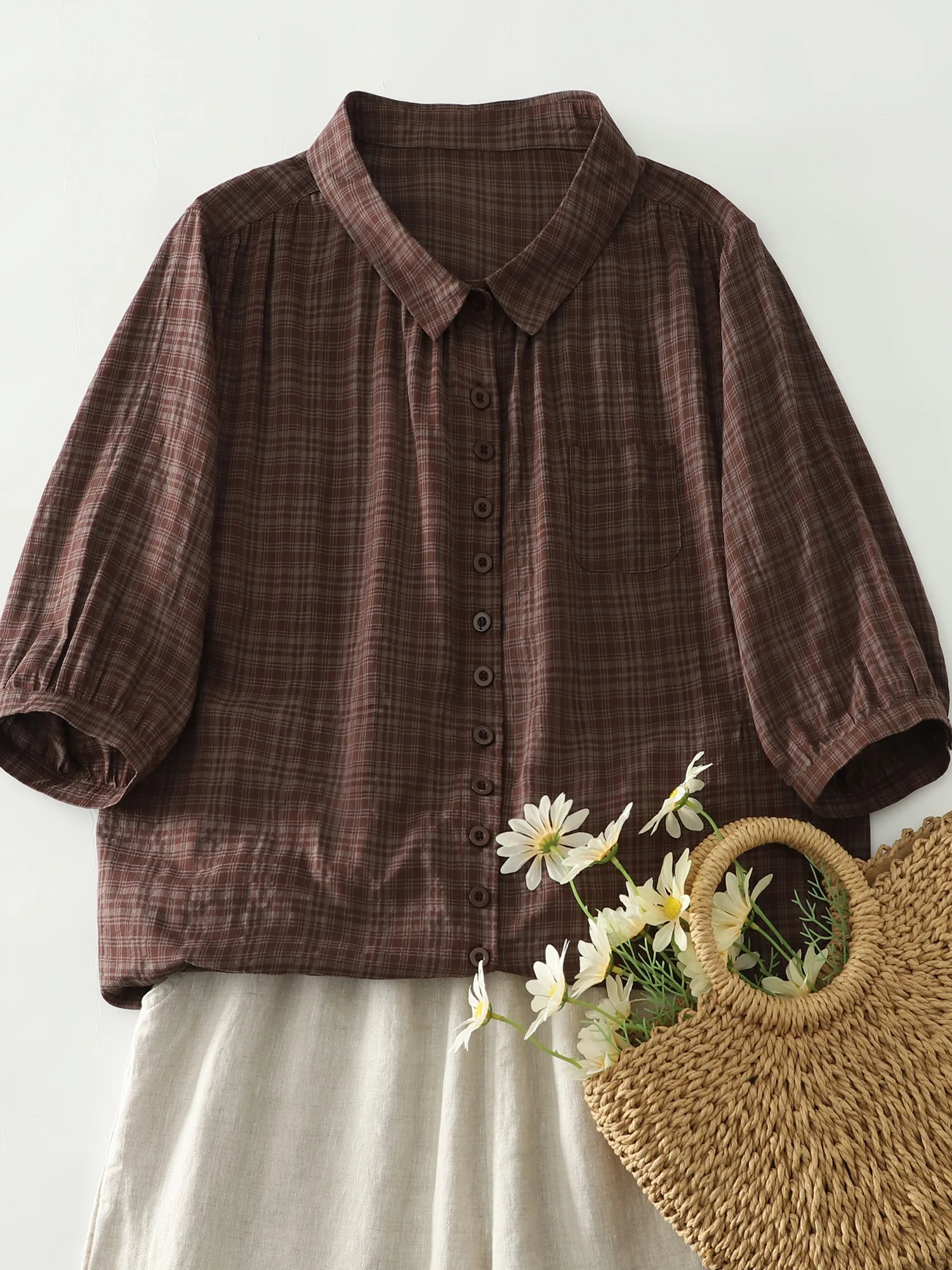 Retro Plaid Cotton Shirt Women's Summer Commute Casual Loose Outerwear Top Five-Quarter Sleeve Breathable Comfortable
Retro Plaid Cotton Shirt Women's Summer Commute Casual Loose Outerwear Top Five-Quarter Sleeve Breathable Comfortable