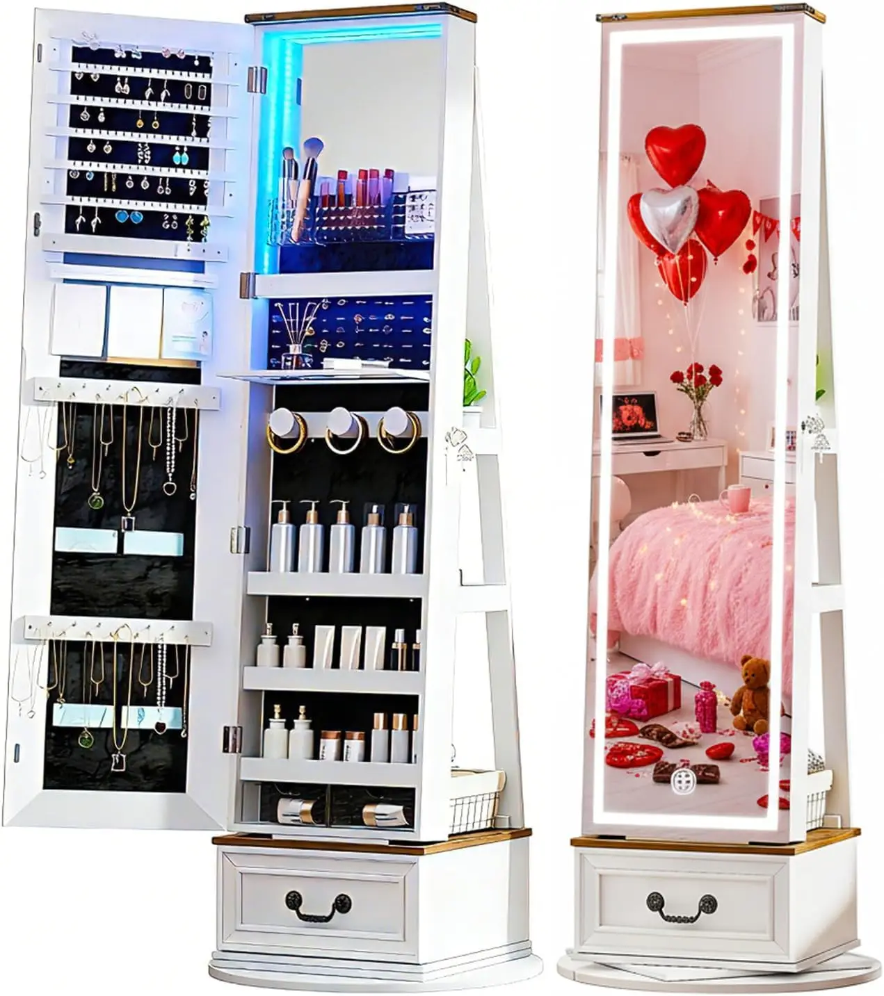 LED Mirror Jewelry Cabinet Standing,360°Swivel Mirror with Jewelry Storage and Large Wooden Drawer (Pristine White)
LED Mirror Jewelry Cabinet Standing,360°Swivel Mirror with Jewelry Storage and Large Wooden Drawer (Pristine White)