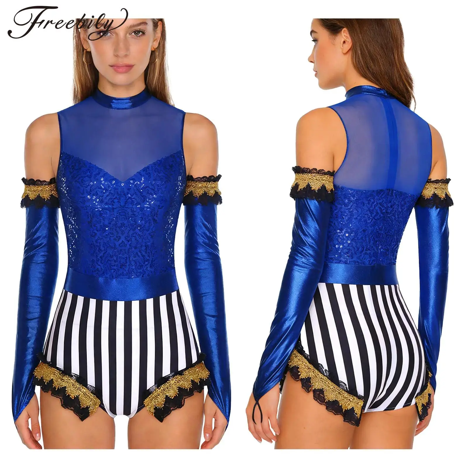 Women Circus Ringmaster Clown Cosplay Costume Shiny Sequin Mesh Leotard with Metallic Shiny Gloves for Halloween Carnival Party
Women Circus Ringmaster Clown Cosplay Costume Shiny Sequin Mesh Leotard with Metallic Shiny Gloves for Halloween Carnival Party