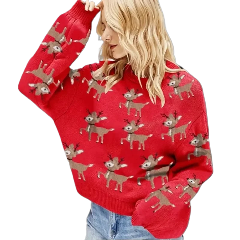 Женский жаккардовый красный рождественский свитер с оленем, вязаные осенне-зимние женские повседневные свободные милые пуловеры с длинными рукавами, вязаные свитера 
Женский жаккардовый красный рождественский свитер с оленем, вязаные осенне-зимние женские повседневные свободные милые пуловеры с длинными рукавами, вязаные свитера