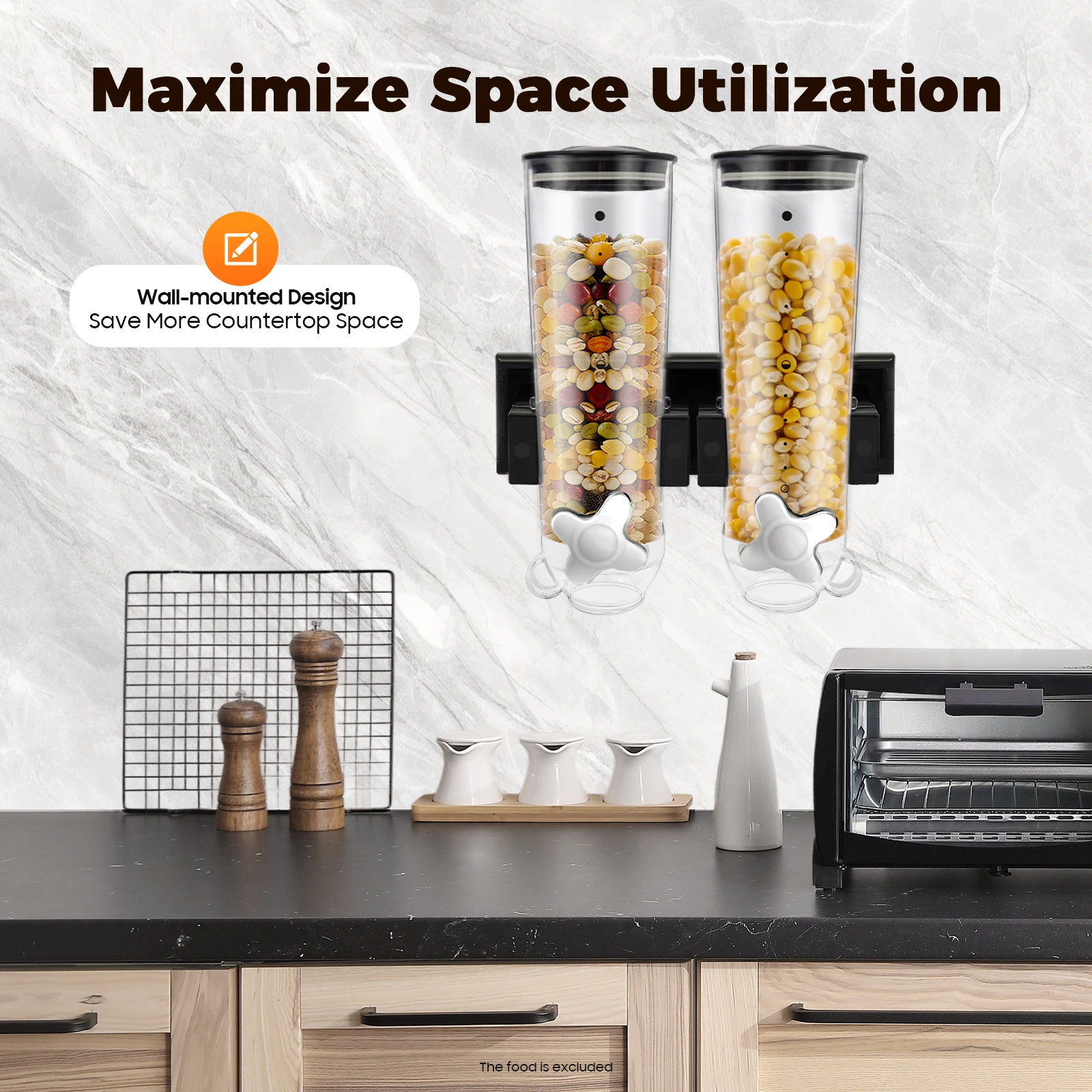 Wall-Mounted Cereal Dispenser 3L/0.79Gal Large Capacity, Food Storage Container for Kitchen, Pantry, Coffee Beans, Nuts, Dog Foo
Wall-Mounted Cereal Dispenser 3L/0.79Gal Large Capacity, Food Storage Container for Kitchen, Pantry, Coffee Beans, Nuts, Dog Foo