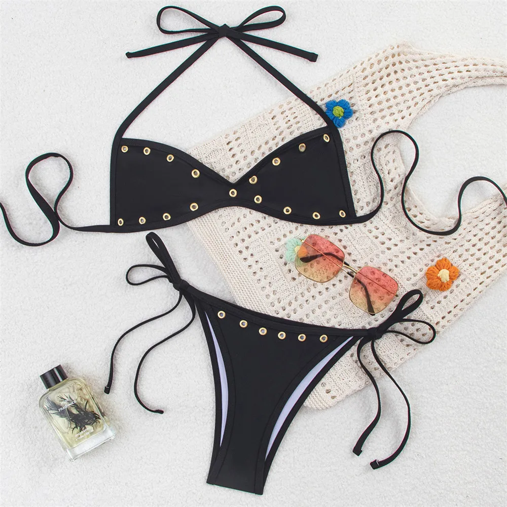 Sexy Black Rivet Holes Bandeau Micro Bikini Thong Set Swimsuit Women 2026 String Lace-up Swimwear Bathing Suit Bikinis De Mujer
Sexy Black Rivet Holes Bandeau Micro Bikini Thong Set Swimsuit Women 2026 String Lace-up Swimwear Bathing Suit Bikinis De Mujer