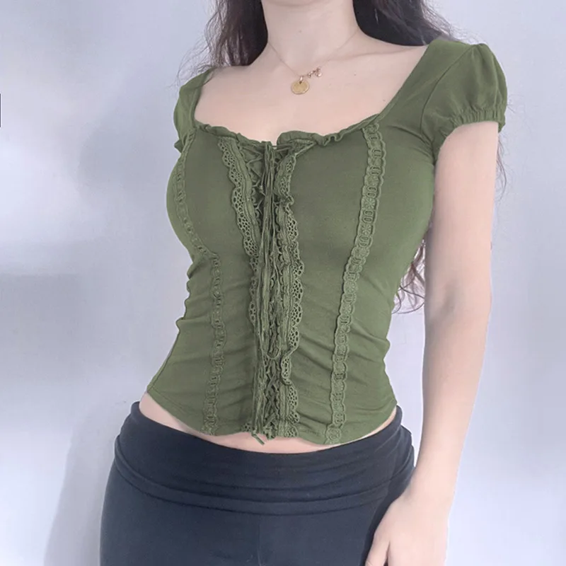 Rural Style Small And Fresh Solid Color Lace Square Neck Slim Fitting Tie Up Slimming Short Sleeved T-Shirt Top For Women
Rural Style Small And Fresh Solid Color Lace Square Neck Slim Fitting Tie Up Slimming Short Sleeved T-Shirt Top For Women