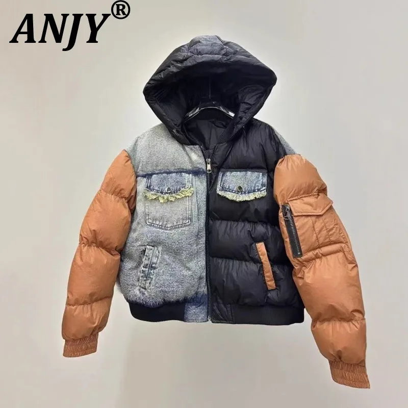 ANJY Autumn Winter New Women European Trendy Padded Coat Heavy-Duty Denim Patchwork Pocket Color-Block Hooded Down Jacket A12508
ANJY Autumn Winter New Women European Trendy Padded Coat Heavy-Duty Denim Patchwork Pocket Color-Block Hooded Down Jacket A12508