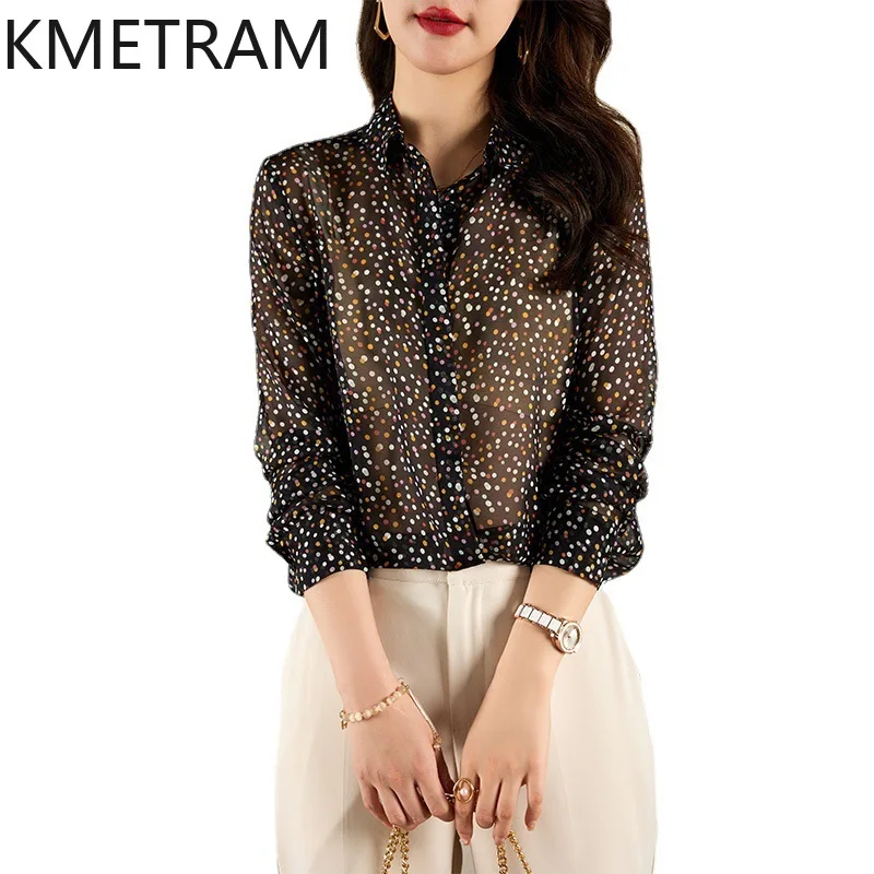 KMETRAM 100% Mulberry Silk Shirt for Woman Fashion Polka Dot Sheer Blouse Long Sleeve Casual Summer Tops Women Clothes 2026 셔츠
KMETRAM 100% Mulberry Silk Shirt for Woman Fashion Polka Dot Sheer Blouse Long Sleeve Casual Summer Tops Women Clothes 2026 셔츠