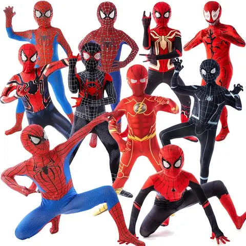 Kids Superhero Spider Man Costume Spandex Jumpsuit Halloween Cosplay Costumes Bodysuit Kids Head Cover Separation Party Set