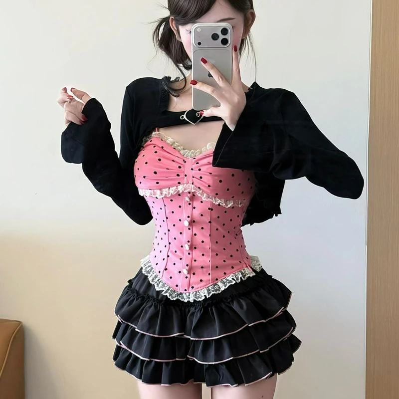 Japanese Kawaii Lolita 3 Piece Sets Women Sweet Short Cardigan Chic Lace Polka Dot Print Vest Cake Mini Skirts Girls Y2k Outfits
Japanese Kawaii Lolita 3 Piece Sets Women Sweet Short Cardigan Chic Lace Polka Dot Print Vest Cake Mini Skirts Girls Y2k Outfits