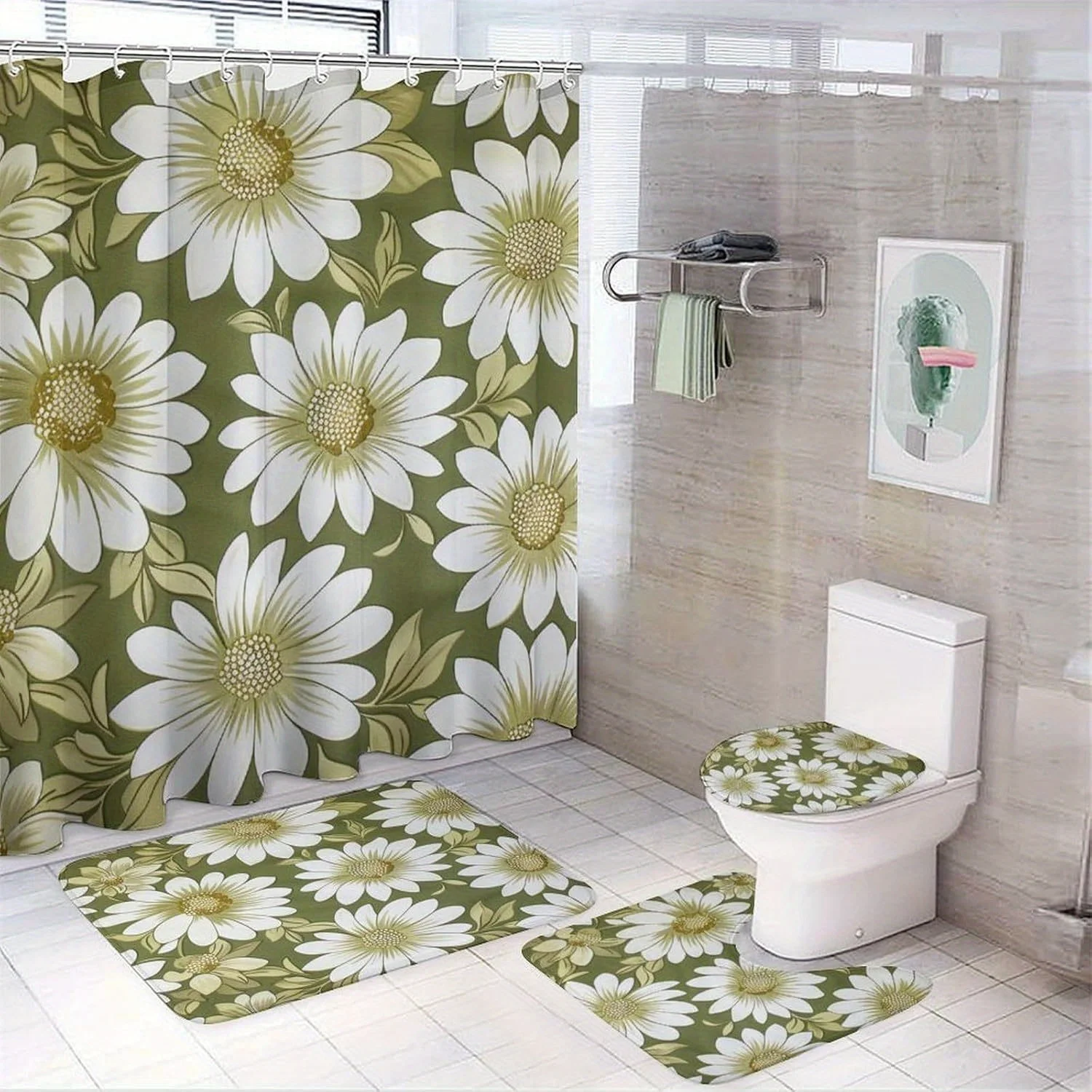 4pcs Vintage Daisy Shower Curtain Sets, Bath Mat and Rugs, Plant Flower Leaf Shower Curtain with Hooks for Bathroom
4pcs Vintage Daisy Shower Curtain Sets, Bath Mat and Rugs, Plant Flower Leaf Shower Curtain with Hooks for Bathroom