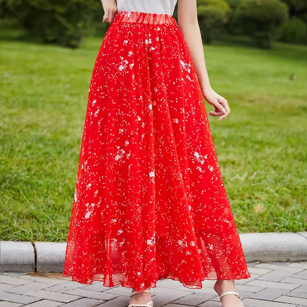 Female Red Color High Waist Chiffon Dance Beach A-Line Skirts High Quality Summer Women's Big Hem Flower Maxi Skirt
Female Red Color High Waist Chiffon Dance Beach A-Line Skirts High Quality Summer Women's Big Hem Flower Maxi Skirt