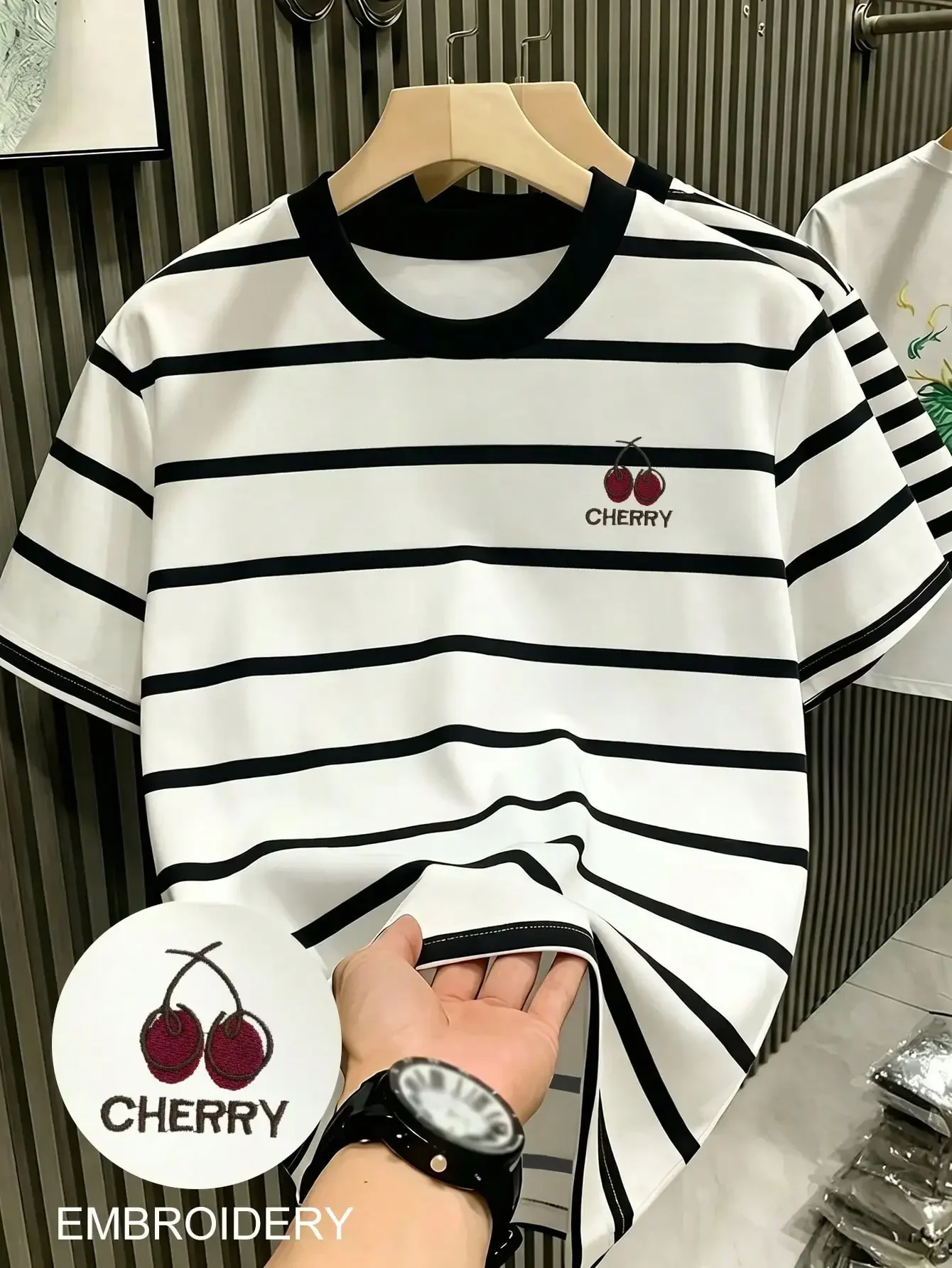 Men's Casual Cherry Letter & Striped Print Short Sleeve T-Shirt, Suitable For Summer Holiday & Daily Commute
Men's Casual Cherry Letter & Striped Print Short Sleeve T-Shirt, Suitable For Summer Holiday & Daily Commute