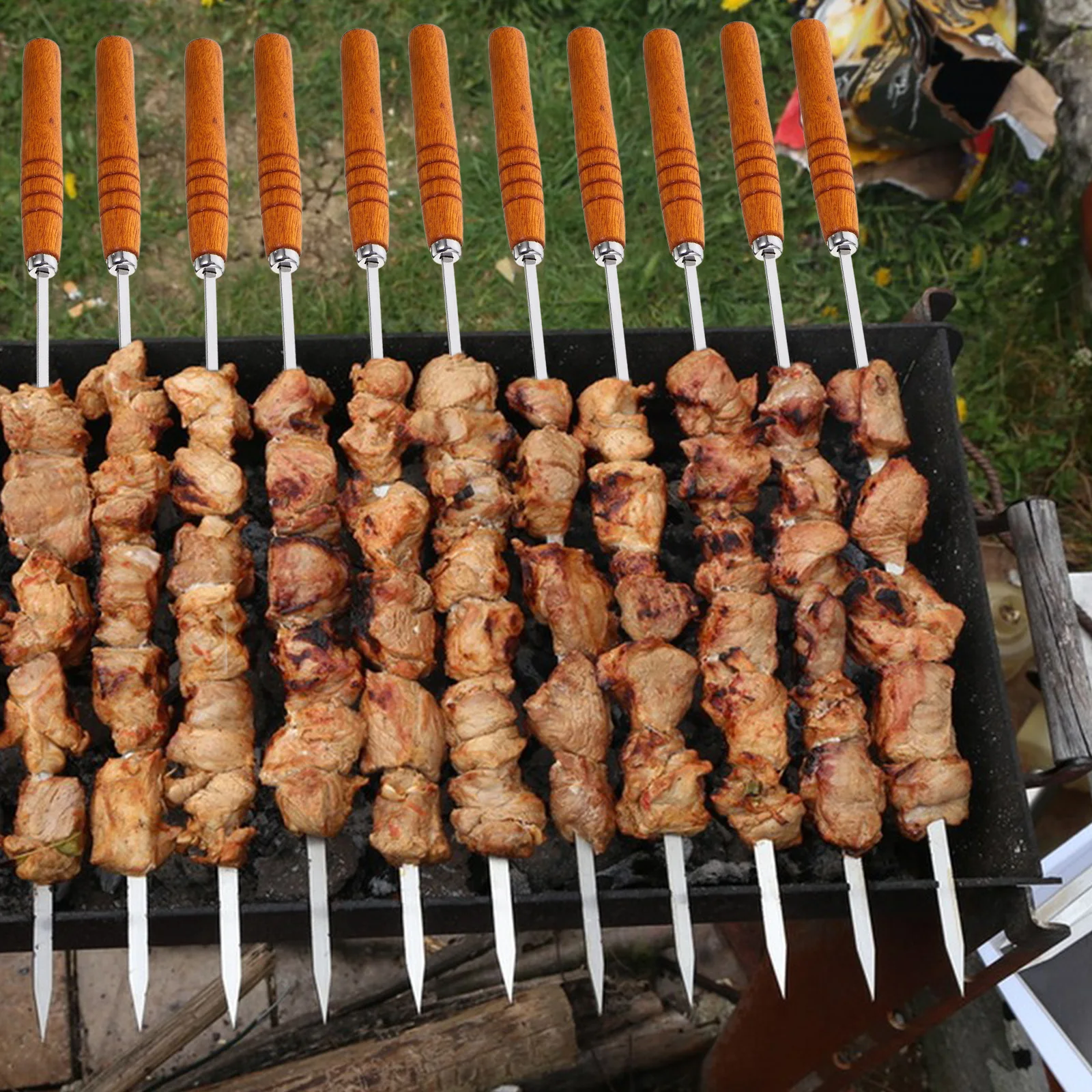 BBQ Fork Set Cooking Skewers Stainless Steel Sticks Wood Handle Reusable Tools Metal Skewers for Grilling Kabob
BBQ Fork Set Cooking Skewers Stainless Steel Sticks Wood Handle Reusable Tools Metal Skewers for Grilling Kabob