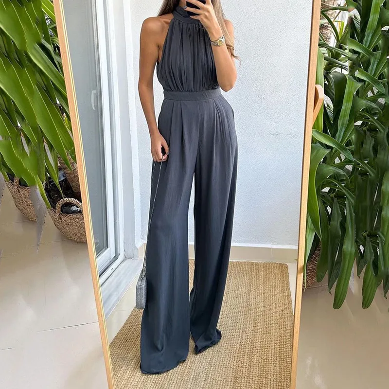 Women Grey Halterneck Sleeveless Jumpsuit Fashion Office Lady Pleated Nipped Waist Slim Loose Wide Legs Romper Streetwear
Women Grey Halterneck Sleeveless Jumpsuit Fashion Office Lady Pleated Nipped Waist Slim Loose Wide Legs Romper Streetwear