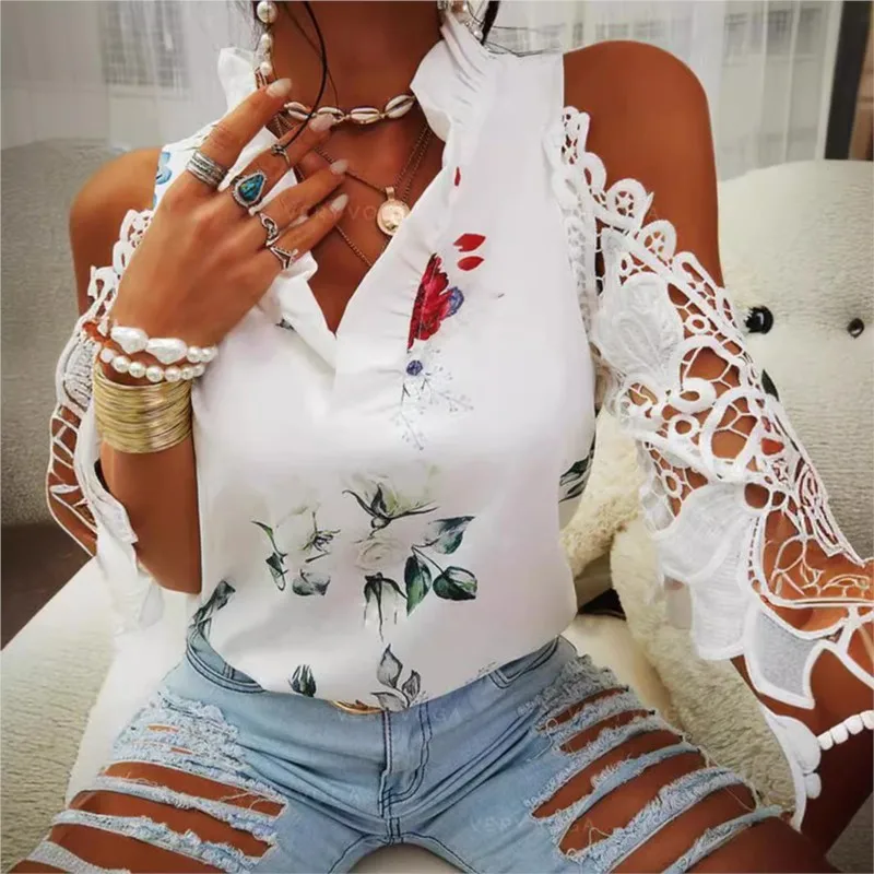 Summer Off Shoulder Lace Shirt White Tops Women Sexy Hollow Flower Print Women's Blouse Elegant Casual V-Neck Shirts Female
Summer Off Shoulder Lace Shirt White Tops Women Sexy Hollow Flower Print Women's Blouse Elegant Casual V-Neck Shirts Female