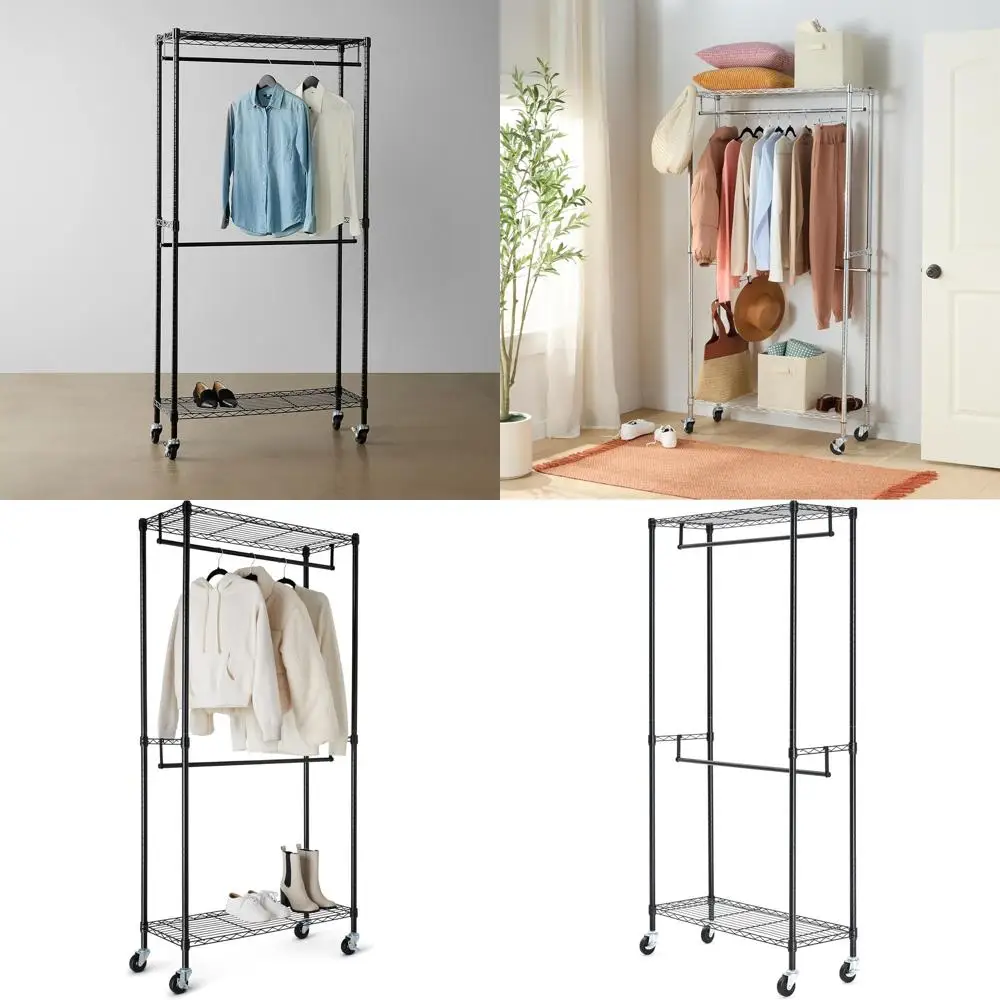 Heavy-Duty Adjustable Double Rod Rolling Clothes Rack with Wheels, 36 x 14 x 72, Black
Heavy-Duty Adjustable Double Rod Rolling Clothes Rack with Wheels, 36 x 14 x 72, Black