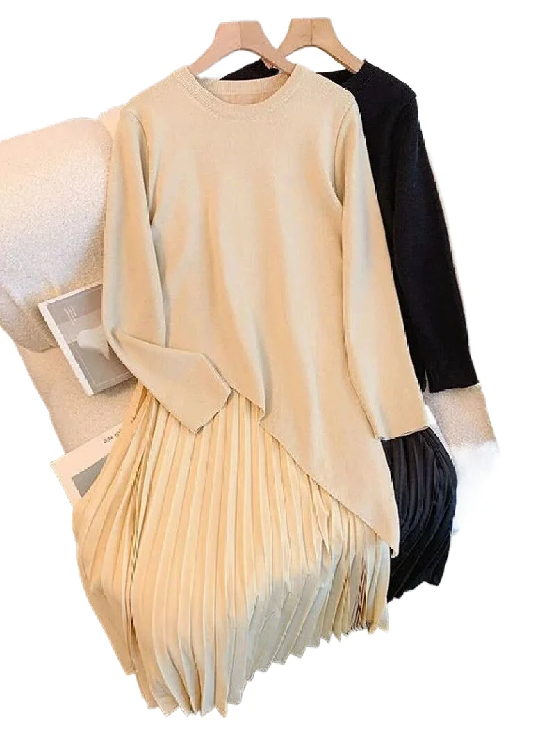 Женское свободное вязаное платье-свитер с круглым вырезом, осень-зима, темпераментное, большого размера, из двух частей, плиссированное лоскутное платье с длинными рукавами 
Женское свободное вязаное платье-свитер с круглым вырезом, осень-зима, темпераментное, большого размера, из двух частей, плиссированное лоскутное платье с длинными рукавами