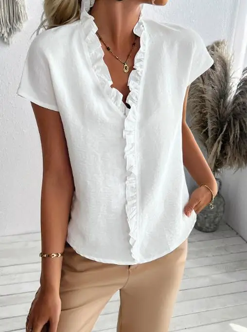Casual Minimalist Ruffled Short Sleeved Women's Shirt, Summer Solid Color V-Neck Slim Fit Commuting Casual Chiffon Top
Casual Minimalist Ruffled Short Sleeved Women's Shirt, Summer Solid Color V-Neck Slim Fit Commuting Casual Chiffon Top