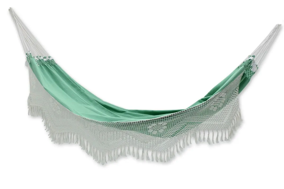 Mint Green Cotton Double Brazilian Hammock With White Crochet Fringe
Mint Green Cotton Double Brazilian Hammock With White Crochet Fringe