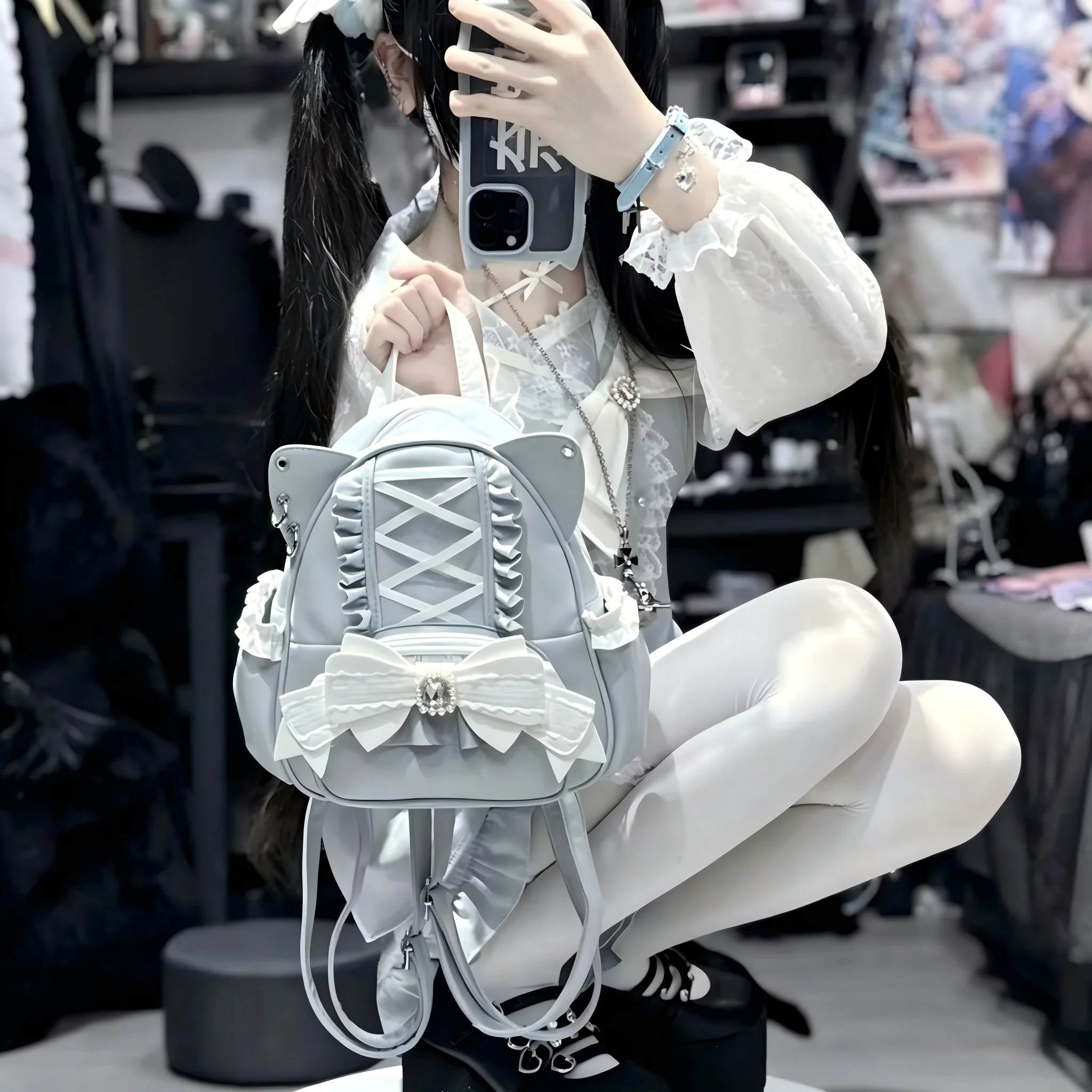 Cat Ear Mini Backpack, Sweet Gothic Style Bag with Lace, Bow and Rhinestone Details for Daily Use
Cat Ear Mini Backpack, Sweet Gothic Style Bag with Lace, Bow and Rhinestone Details for Daily Use