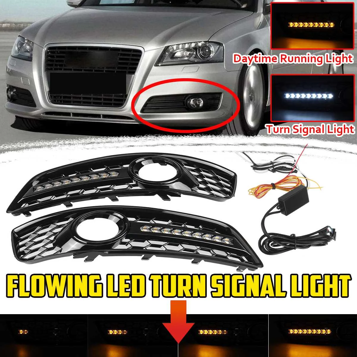 New Dynamic Flowing LED Mesh Car Front Fog Light Grill Cover Mesh Grille With Turn Signal Lamp DRL For Audi A3 8P 2009-2013
New Dynamic Flowing LED Mesh Car Front Fog Light Grill Cover Mesh Grille With Turn Signal Lamp DRL For Audi A3 8P 2009-2013