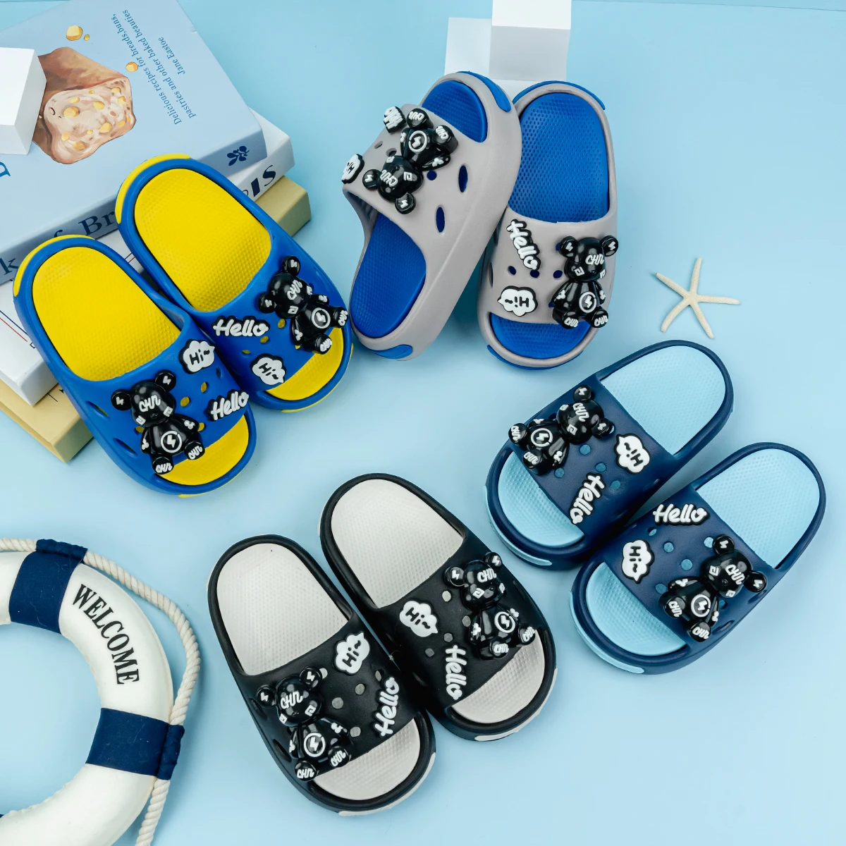 New Popular Cartoon White Letter Lightning Bear Versatile Eva Slippers for Boys and Girls, Fashionable Dual-Color Soft-Soled Non-Slip Sandals 831
New Popular Cartoon White Letter Lightning Bear Versatile Eva Slippers for Boys and Girls, Fashionable Dual-Color Soft-Soled Non-Slip Sandals 831