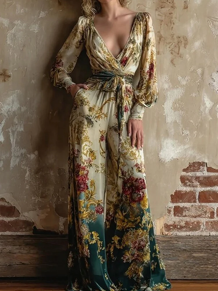 Deep V Neck Spring Summer Chic Jumpsuits, Women Holiday Printing Patchwork Loose Playsuits, Long Sleeve Lace-Up Ladies Bodysuits
Deep V Neck Spring Summer Chic Jumpsuits, Women Holiday Printing Patchwork Loose Playsuits, Long Sleeve Lace-Up Ladies Bodysuits