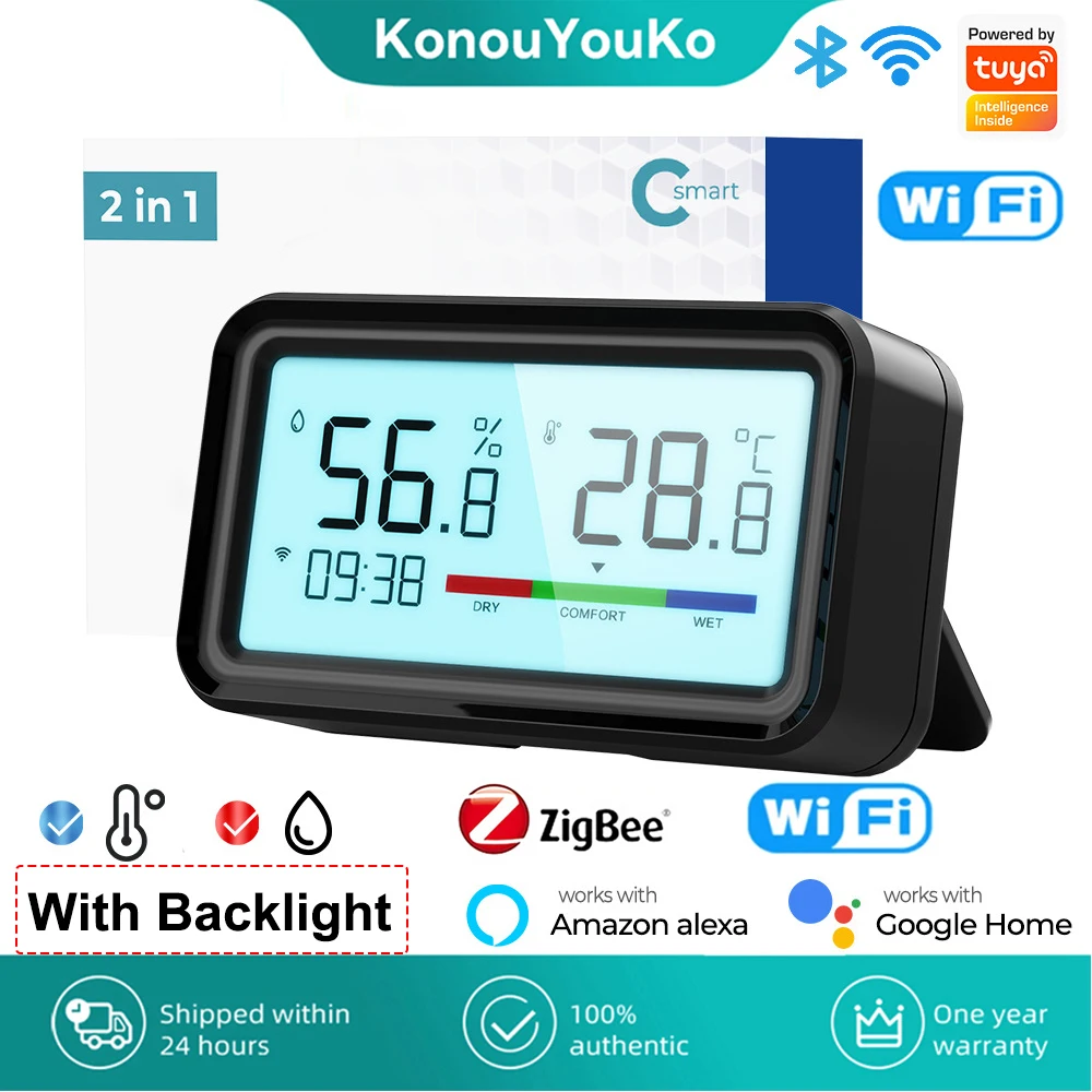 Tuya WiFi Zigbee Temperature Humidity Sensor Indoor Hygrometer Monitor Backlight Time Display App Control for Alexa Google Home
Tuya WiFi Zigbee Temperature Humidity Sensor Indoor Hygrometer Monitor Backlight Time Display App Control for Alexa Google Home