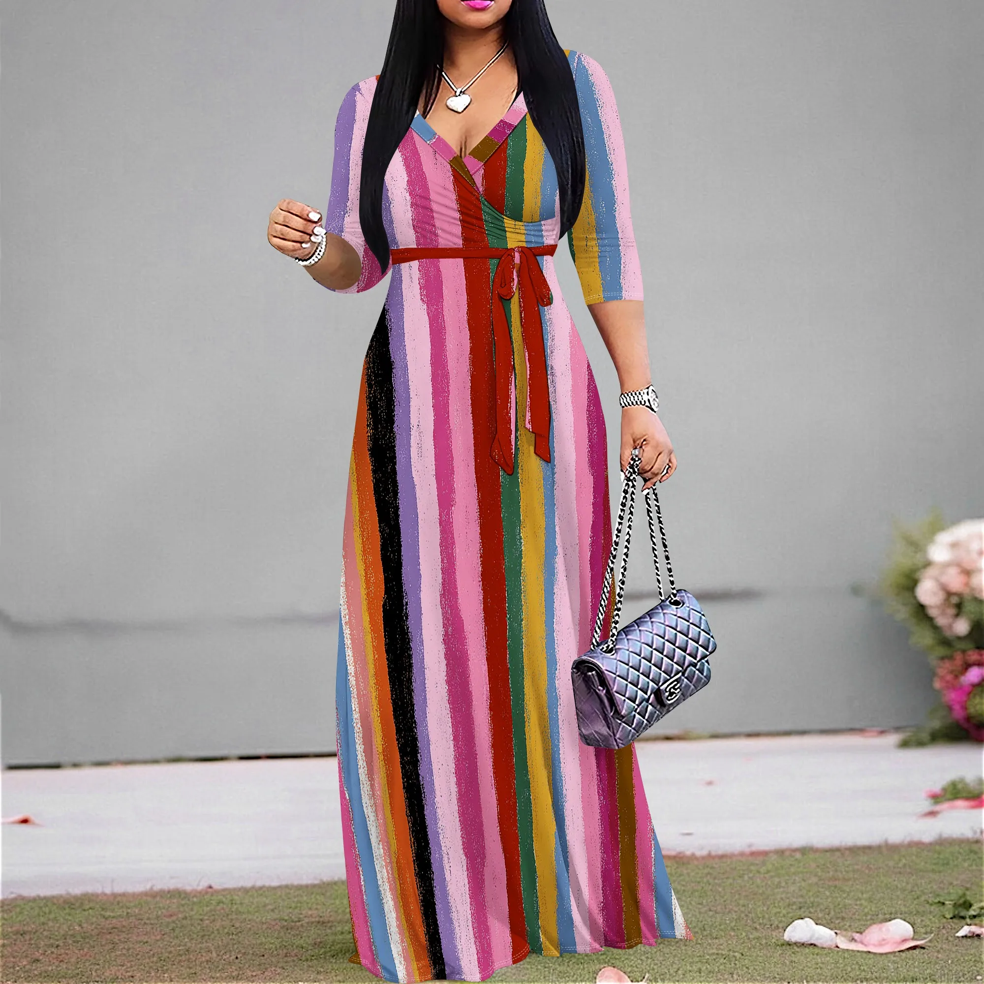 ChicVibes Rainbow Stripe Maxi Dress V-Neck 3/4 Sleeve Tie Waist Plus Size Pride Festival Beach Vacation S-3XL
ChicVibes Rainbow Stripe Maxi Dress V-Neck 3/4 Sleeve Tie Waist Plus Size Pride Festival Beach Vacation S-3XL