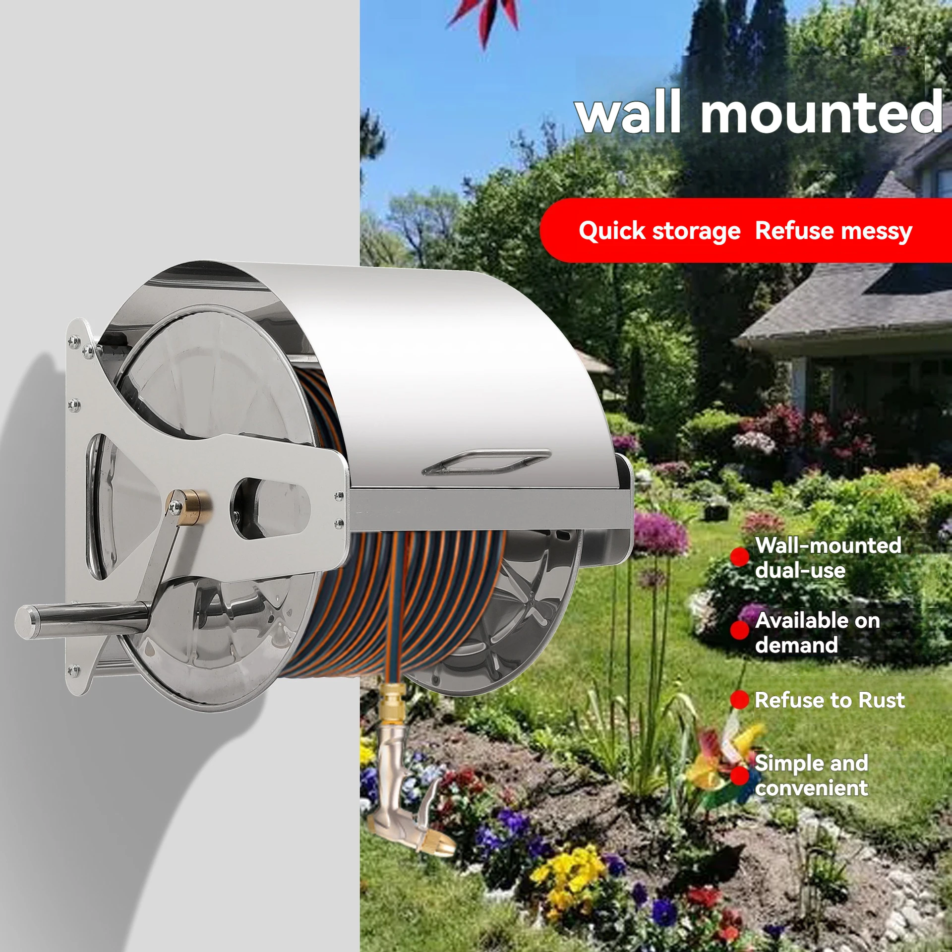 Wall mounted stainless steel water pipe frame, pipe reel, household covered water pipe storage rack
Wall mounted stainless steel water pipe frame, pipe reel, household covered water pipe storage rack