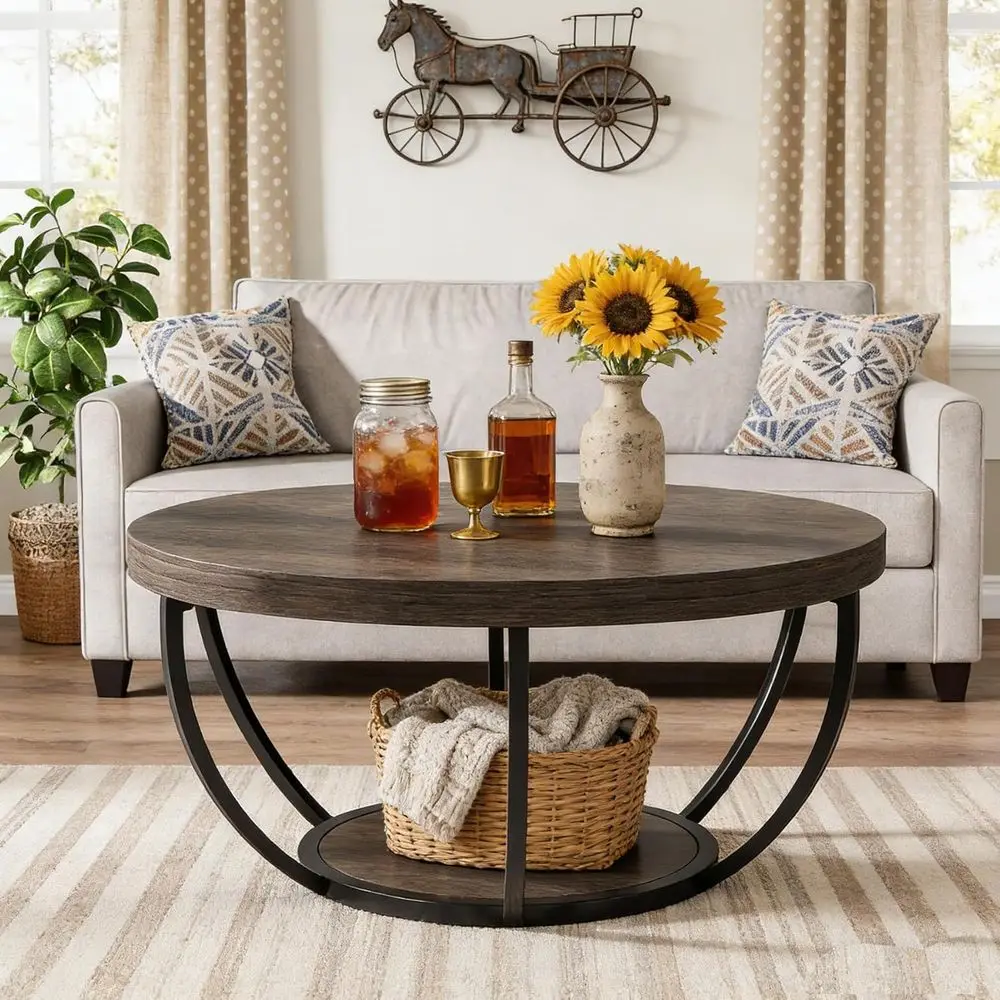 32 Circular Coffee Table with 2-Tier Storage Shelves, Grey
32 Circular Coffee Table with 2-Tier Storage Shelves, Grey