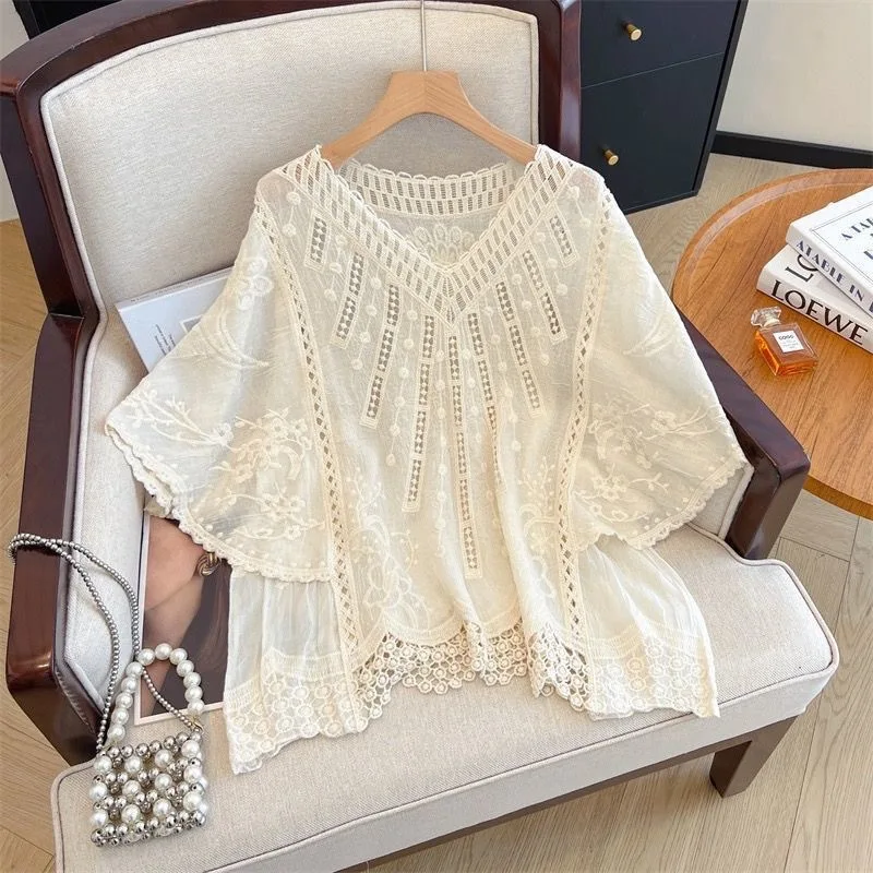 Women's Cream Lace Crochet Blouse, V-Neck Batwing Sleeve Embroidered Top, Casual Boho Summer Shirt
Women's Cream Lace Crochet Blouse, V-Neck Batwing Sleeve Embroidered Top, Casual Boho Summer Shirt