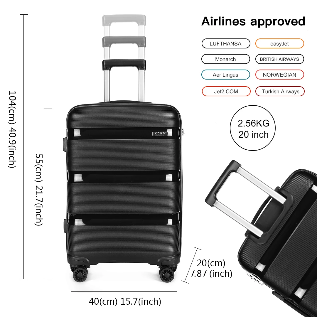Kono 20" Lightweight Cabin Luggage - 40L Polypropylene Hardshell with TSA Lock & 4 Spinner Wheels
Kono 20" Lightweight Cabin Luggage - 40L Polypropylene Hardshell with TSA Lock & 4 Spinner Wheels
