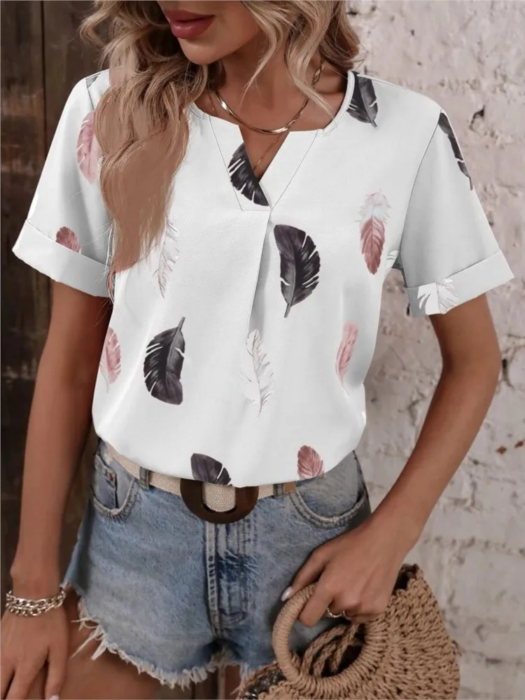 Women's Fashion Print T-shirt Top Summer V Neck Short Sleeve Feather Print Pullover Ladies Top Elegant Casual Loose Tops Female
Women's Fashion Print T-shirt Top Summer V Neck Short Sleeve Feather Print Pullover Ladies Top Elegant Casual Loose Tops Female