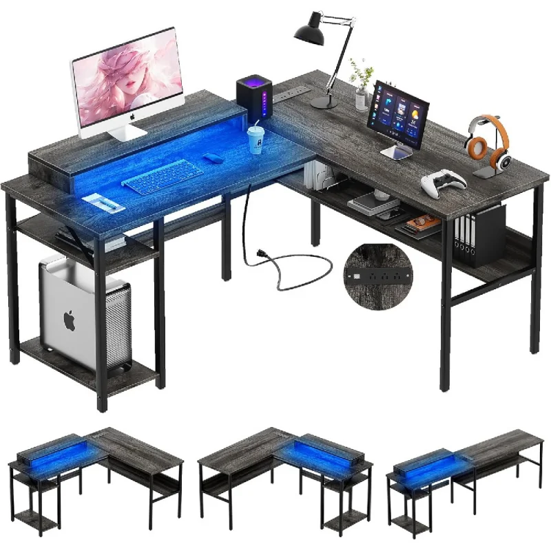 Reversible L Shaped Desk with Power Outlets and RGB LED Light, Sturdy Computer Desk with Ergonomic Monitor Stand and Storage
Reversible L Shaped Desk with Power Outlets and RGB LED Light, Sturdy Computer Desk with Ergonomic Monitor Stand and Storage