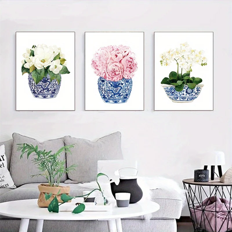 3pcs Frameless Orchid Magnolia Chinoiserie Decor Canvas Print Oriental Vase Blue White Willow Style Porcelain Flower Jar Poster
3pcs Frameless Orchid Magnolia Chinoiserie Decor Canvas Print Oriental Vase Blue White Willow Style Porcelain Flower Jar Poster