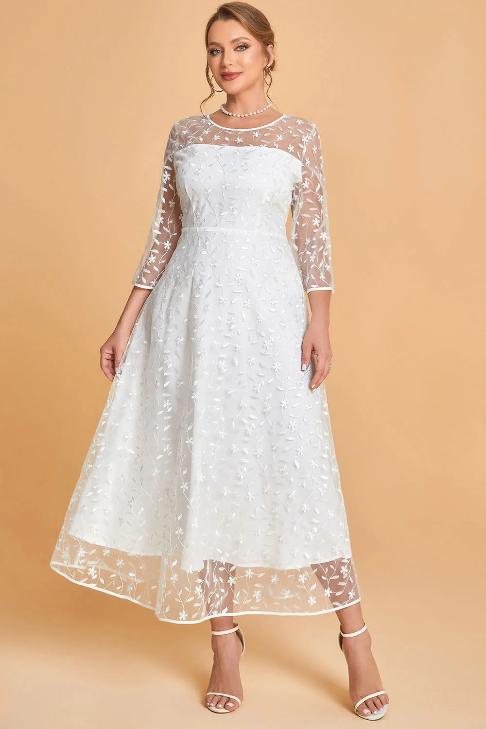 Flycurvy Plus Size Mother Of The Bride White Mesh Plant Embroidery See-Through Tea-Length Dress
Flycurvy Plus Size Mother Of The Bride White Mesh Plant Embroidery See-Through Tea-Length Dress